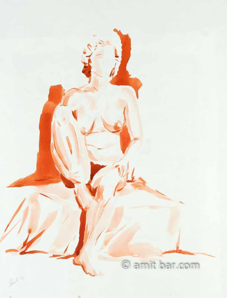 Nude woman sitting on low box. Aquarel