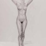 Nude woman with arms behind head. Pencil drawing