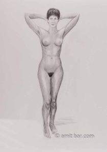 Nude woman with arms behind head. Pencil drawing