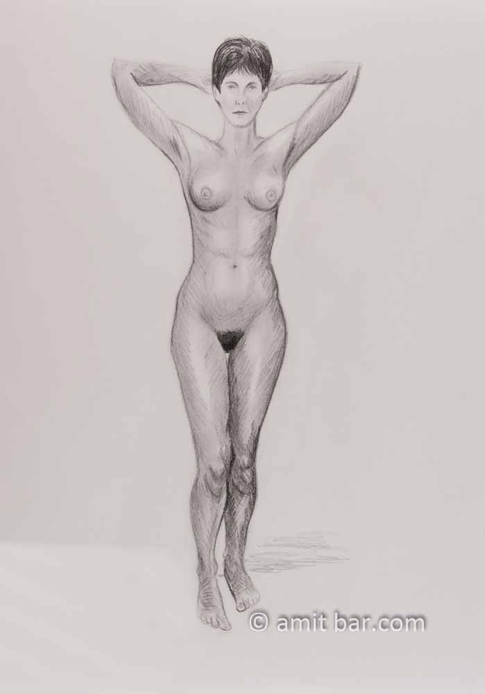 Nude woman with arms behind head. Pencil drawing