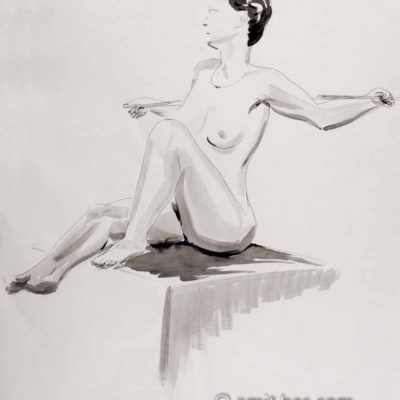 Nude woman with stick behind her back