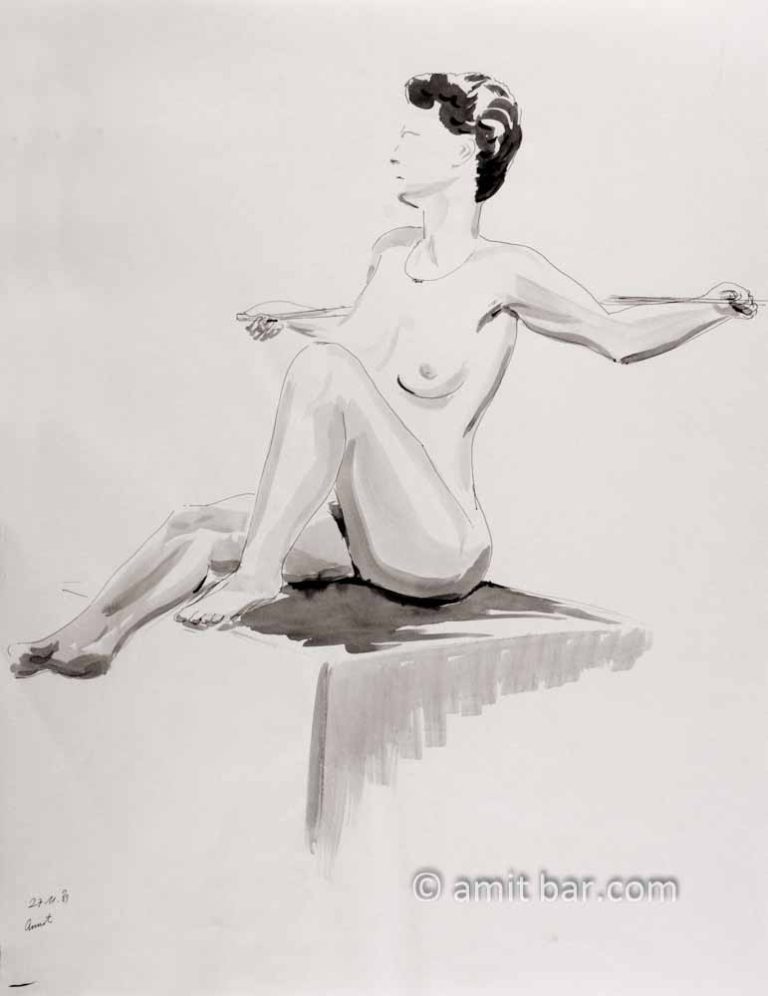 Nude woman with stick behind her back