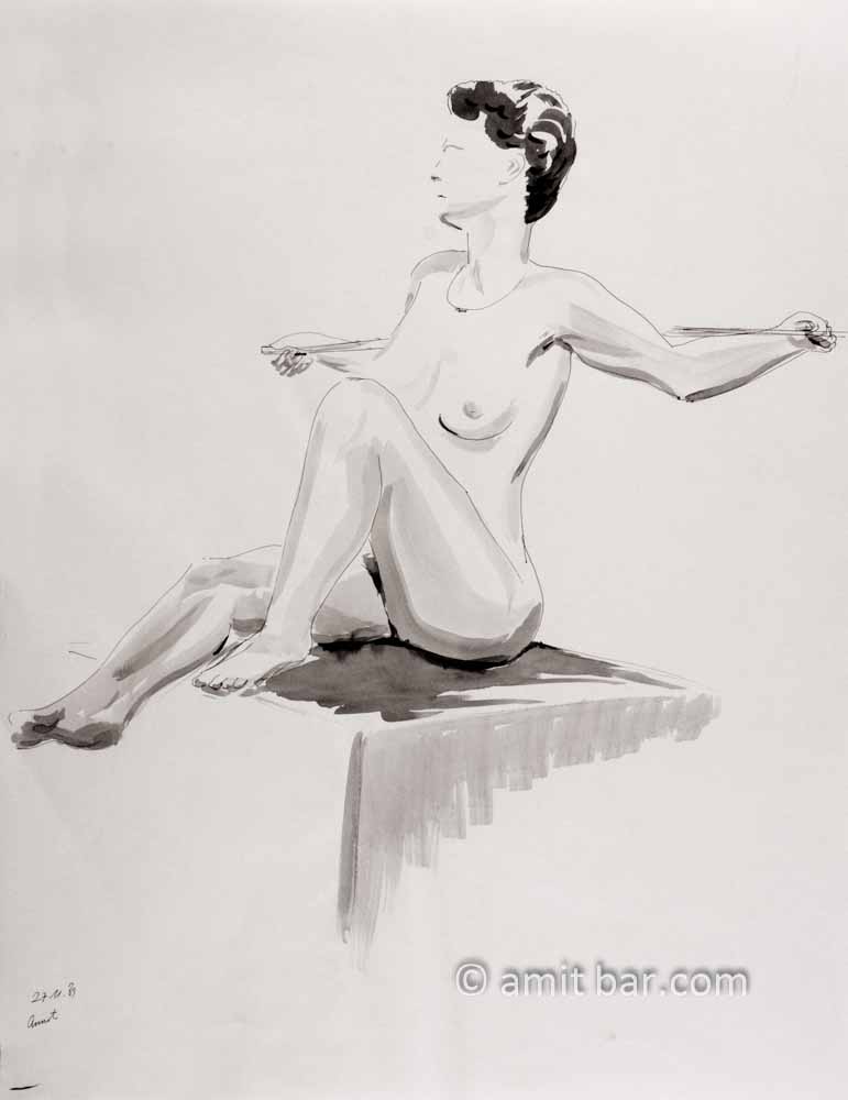 Nude woman with stick behind her back. Aquarel