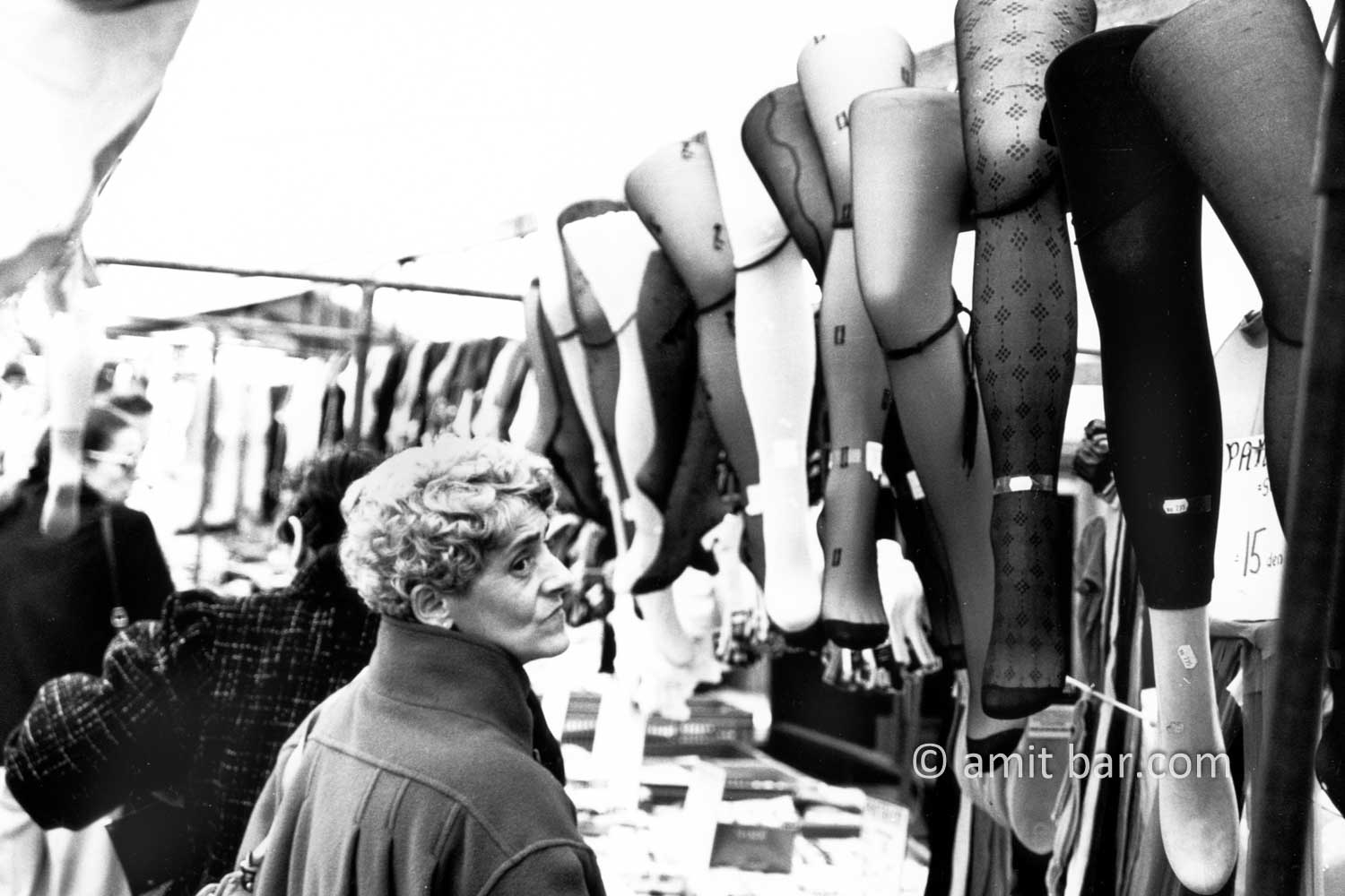 Oh-oh: A woman  is inspecting leggings on the open-air market in Doetinchem, The Netherlands