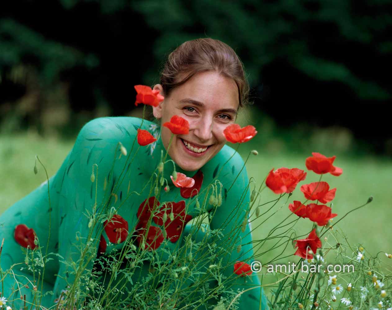 Poppies and Oxeye Daisies III: Portrait of a body-painted model in the nature