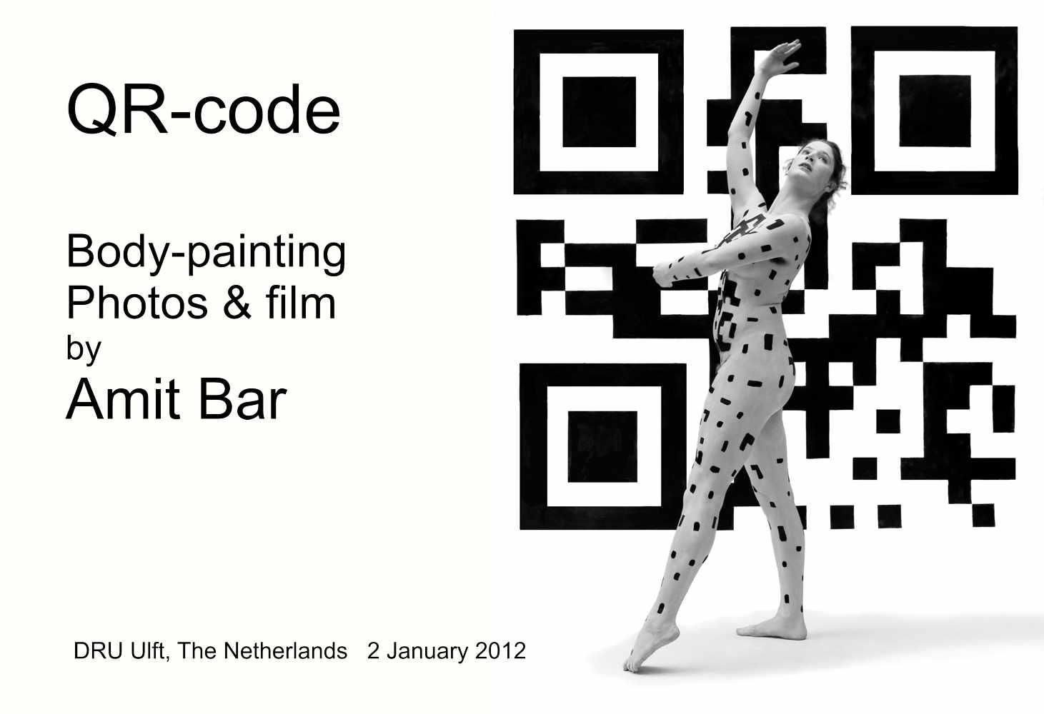 QR-code video: Bodypainting of the QR-Code which displays the name of the maker, Amit Bar. Model and dancer Eline dances to the music of Vivaldi.