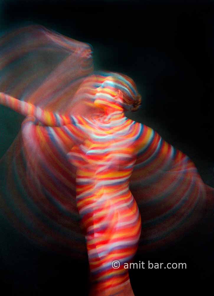 Rainbow I: Body-painted model in coloured stripes