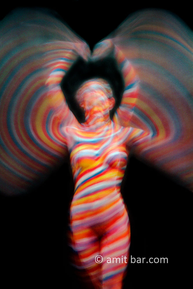 Rainbow II: Body-painted model in coloured stripes
