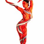 Red & Blue II: Body-painted model is dancing in red & blue design