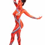 Red & Blue III: Body-painted model is dancing in red & blue design