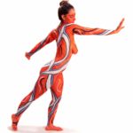 Red & Blue I: Body-painted model is dancing in red & blue design