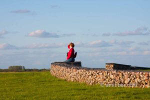 Red coat: Woman with red coat on srone hedge