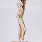Reddish nude model standing. Ink and aquarel