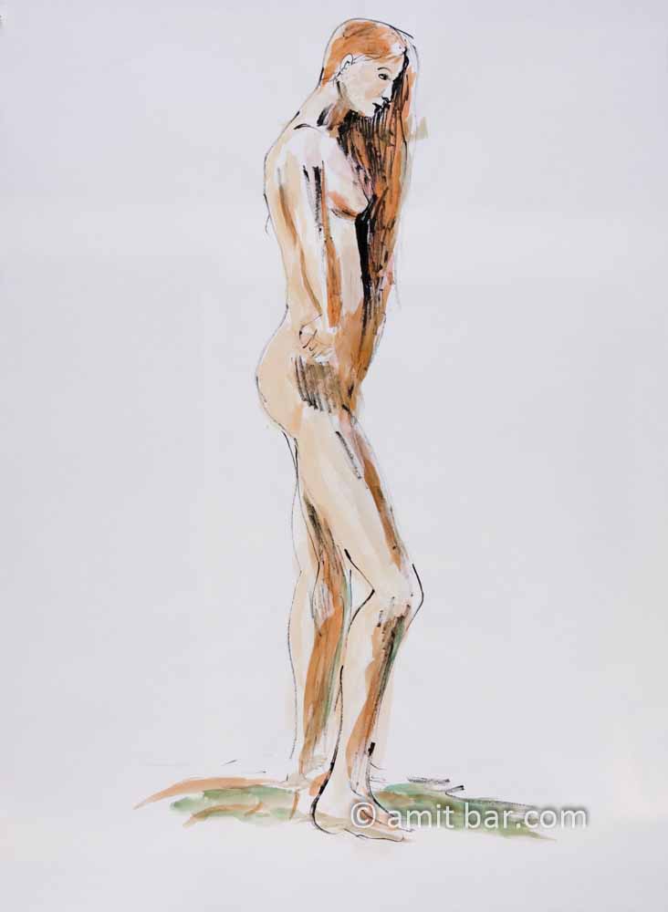 Reddish nude model standing. Ink and aquarel