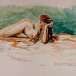 Reddish woman with green background. Ink and aquarel