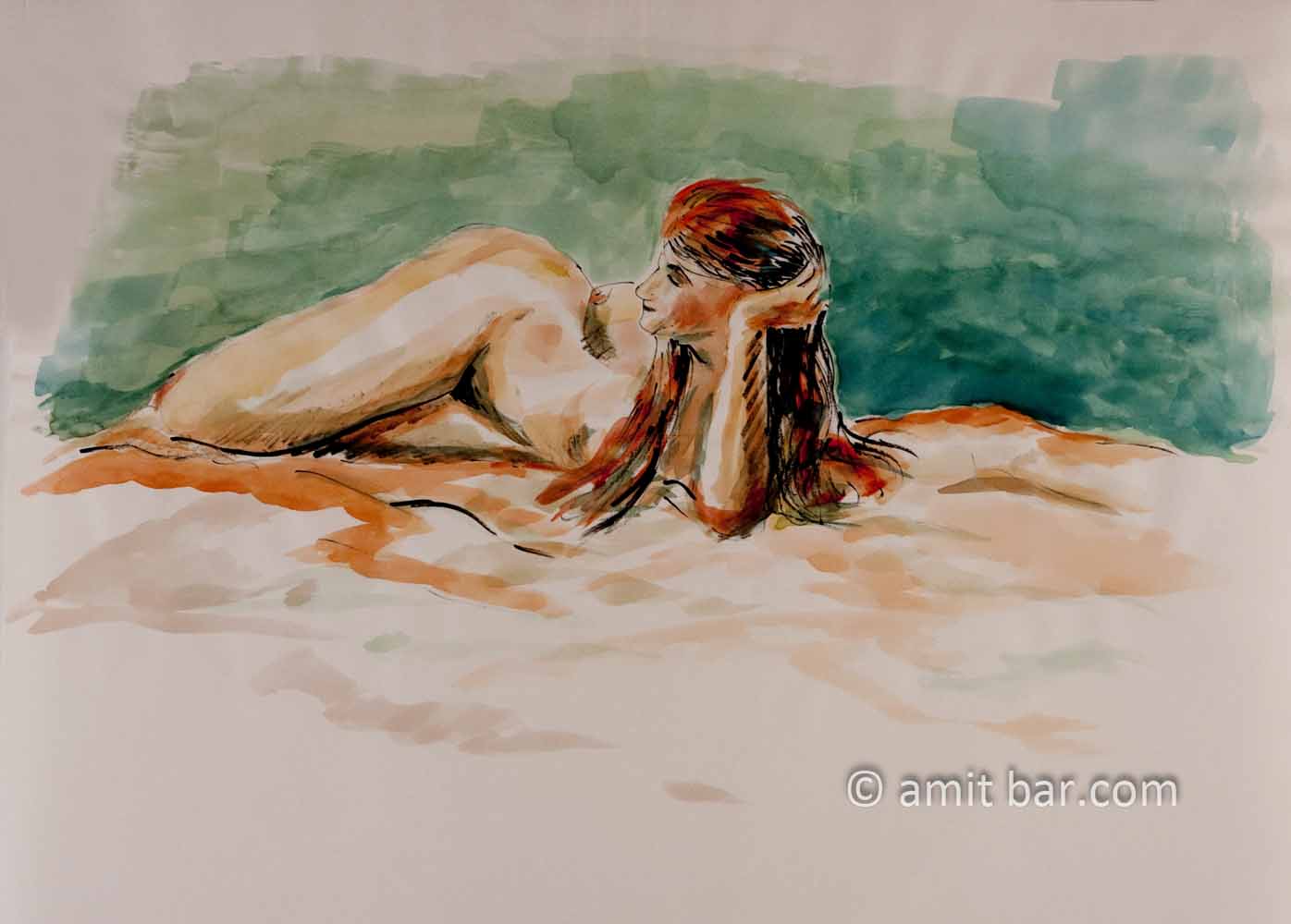 Reddish woman with green background. Ink and aquarel