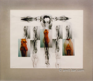 Reflected landscape: Photo-collage of a nude woman in color and black & white with pencil addition