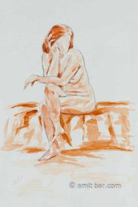 Seated nude figure. Pencil and aquarel