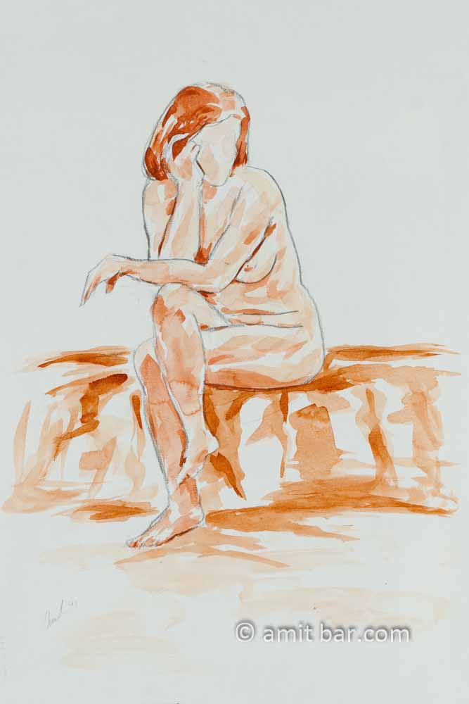 Seated nude figure. Pencil and aquarel
