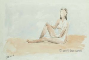 Seated nude girl. Pencil and aquarel