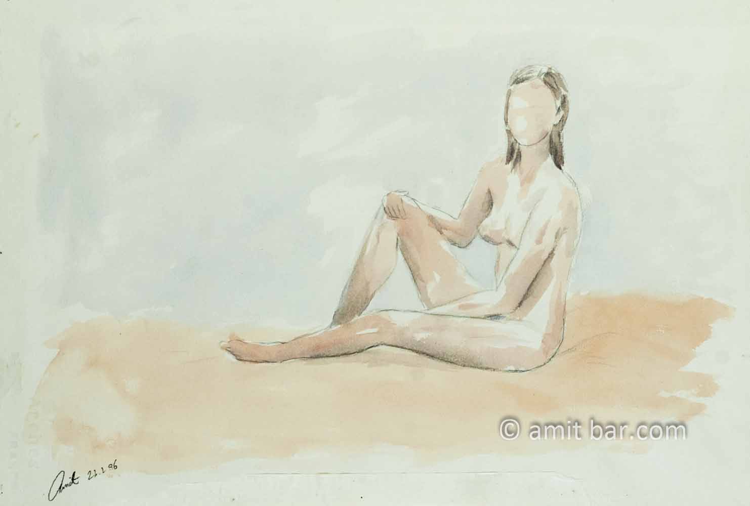 Seated nude girl. Pencil and aquarel