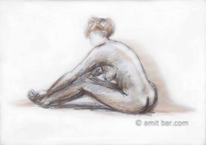 Seated nude holding her toes. Pencil and aquarel