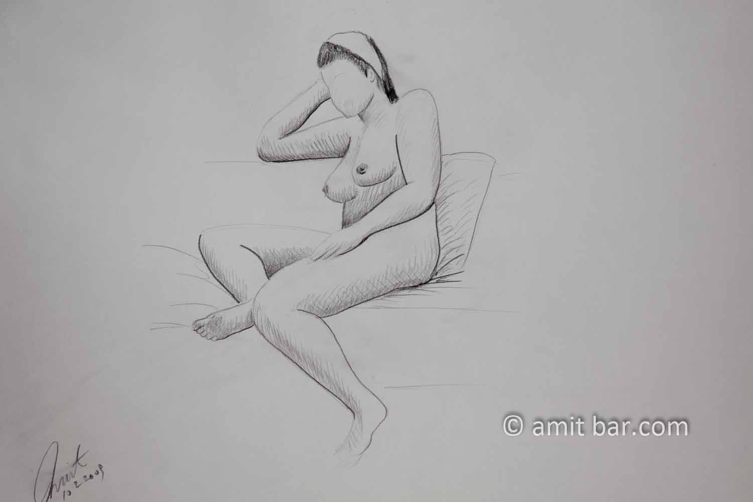 Seated nude model with a band in her hair. Pencil drawing