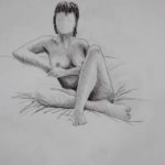 Seated nude model with crossed legs. Pencil drawing
