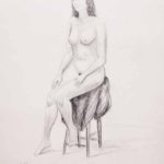 Seated nude on high stool. Pencil drawing
