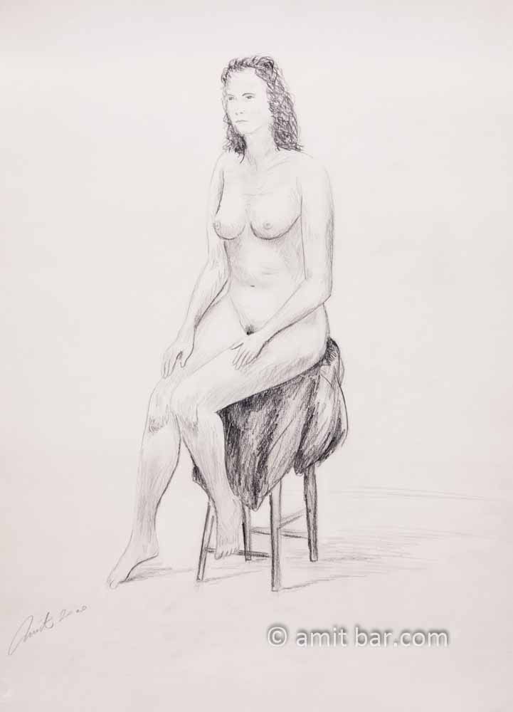 Seated nude on high stool. Pencil drawing