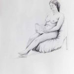 Seated nude reading a book. Pencil drawing