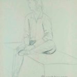 Seated woman on a wooden box. Pencil drawing
