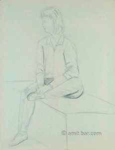 Seated woman on a wooden box. Pencil drawing