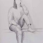 Seated woman on a bench. Pencil drawing