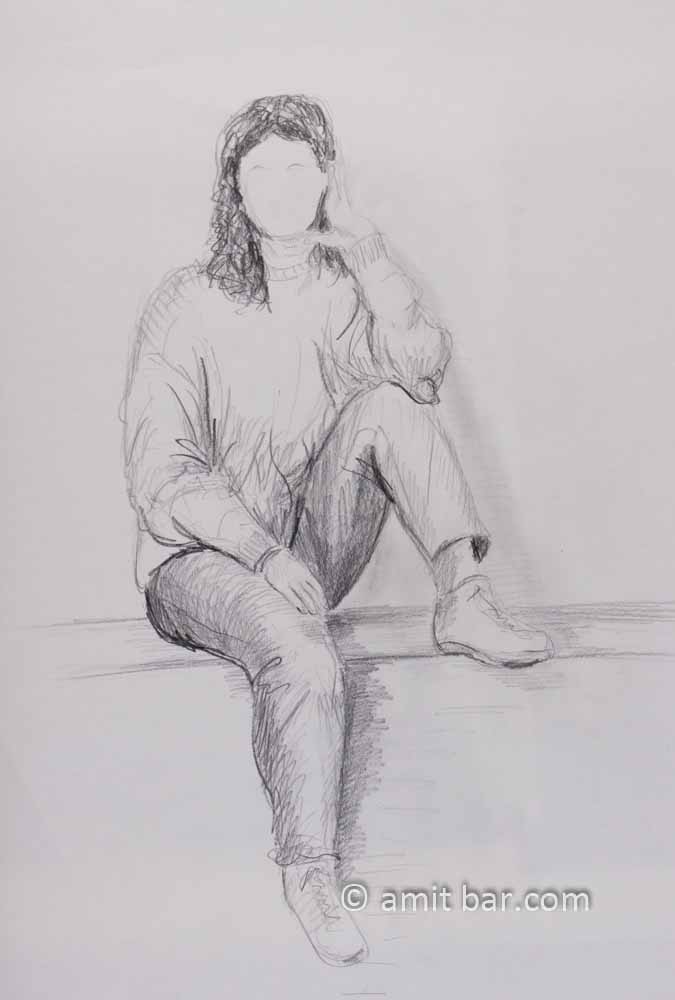 Seated woman on a bench. Pencil drawing