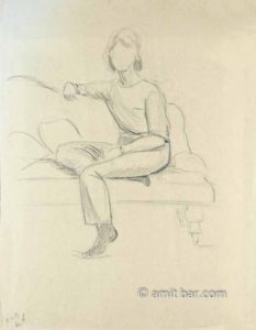 Seated woman on a sofa. Pencil drawing