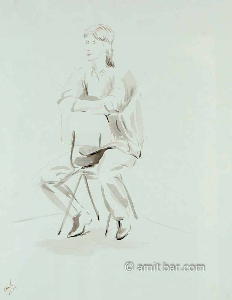 Seated woman on backwards chair. Aquarel