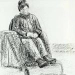 Seated woman with legs on roll. Charcoal