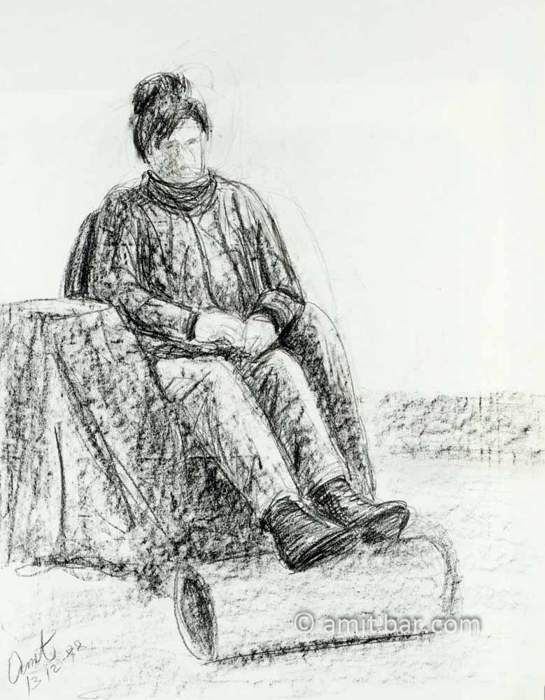 Seated woman with legs on roll. Charcoal