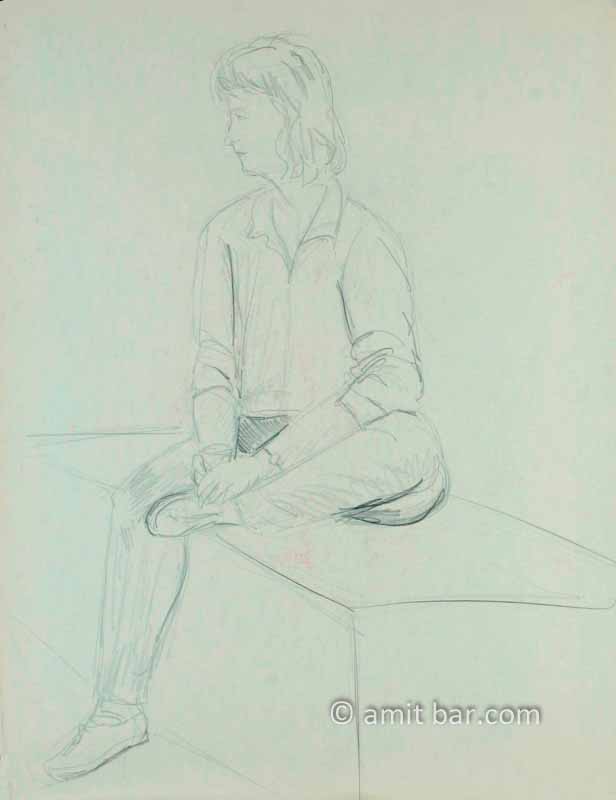 Seated woman on a wooden box. Pencil drawing