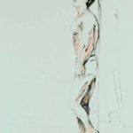 Semi nude man leaning at wall. Ink and aquarel