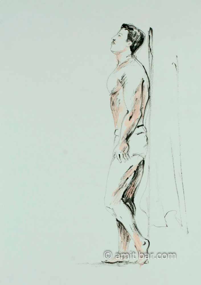 Semi nude man leaning at wall. Ink and aquarel