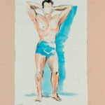 Semi nude man with hands behind head. Ink and aquarel