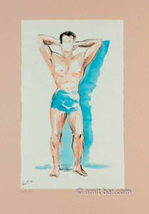 Semi nude man with hands behind head. Ink and aquarel
