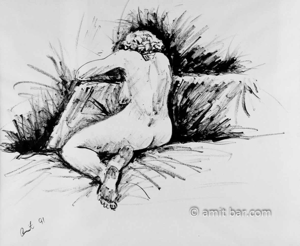 Sitting nude figure from the back. Ink drawing
