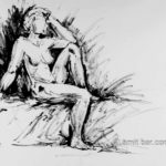 Sitting nude figure with one arm behind head. Black ink