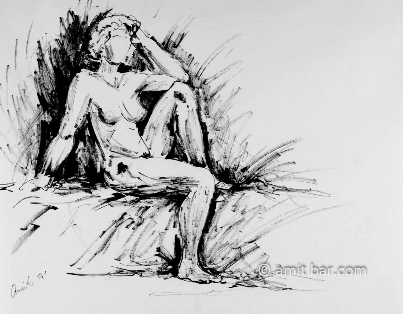 Sitting nude figure with one arm behind head. Black ink