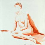 Sitting nude woman leaning on one hand. Aquarel