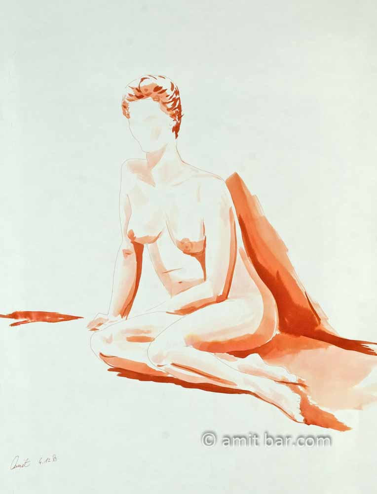 Sitting nude woman leaning on one hand. Aquarel