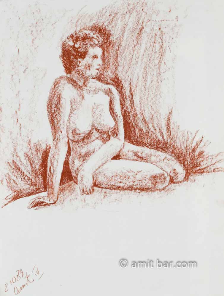 Sitting nude woman with hands right. Brown chalk
